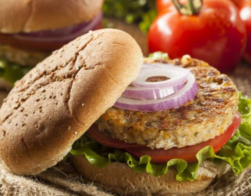 Delicious and healthy bulghur hamburger with a hearty veggie patty, served with fresh toppings