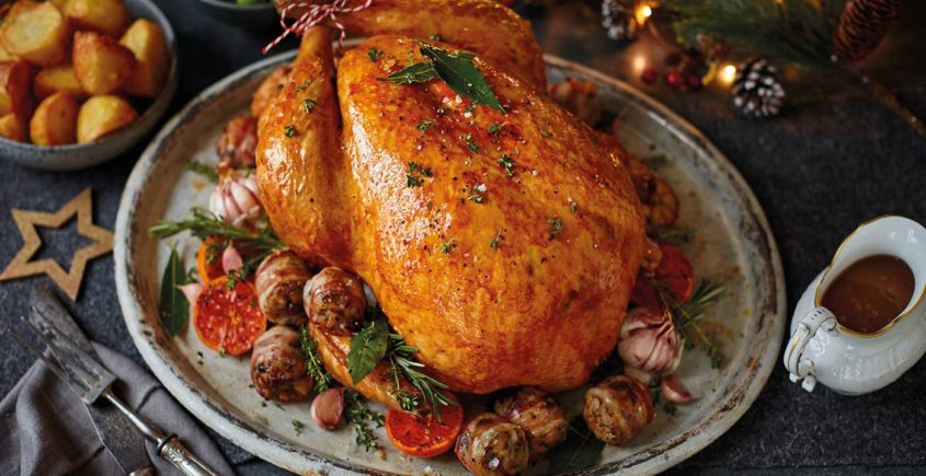 Roast turkey with delectable chestnut stuffing: a succulent and festive centerpiece for special occasions.